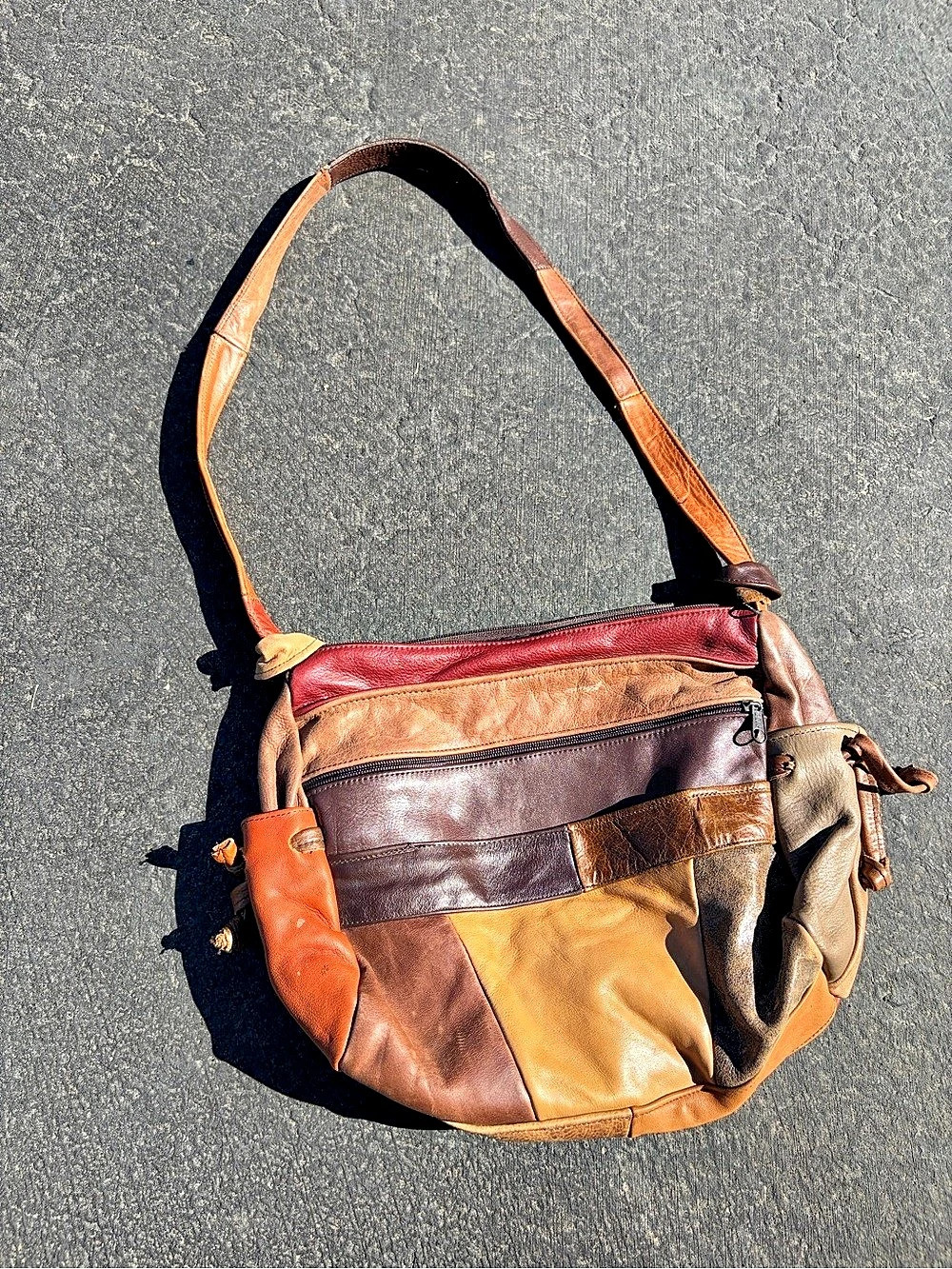 Leather Patchwork Hobo Bag in Brown & Orange